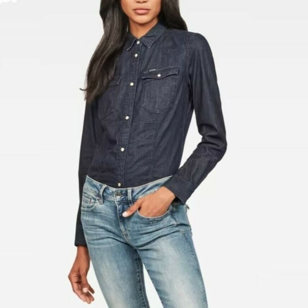 G-Star Raw Women Size M Blue Denim Pearl Snap Slim Casual Shirt Dark Wash